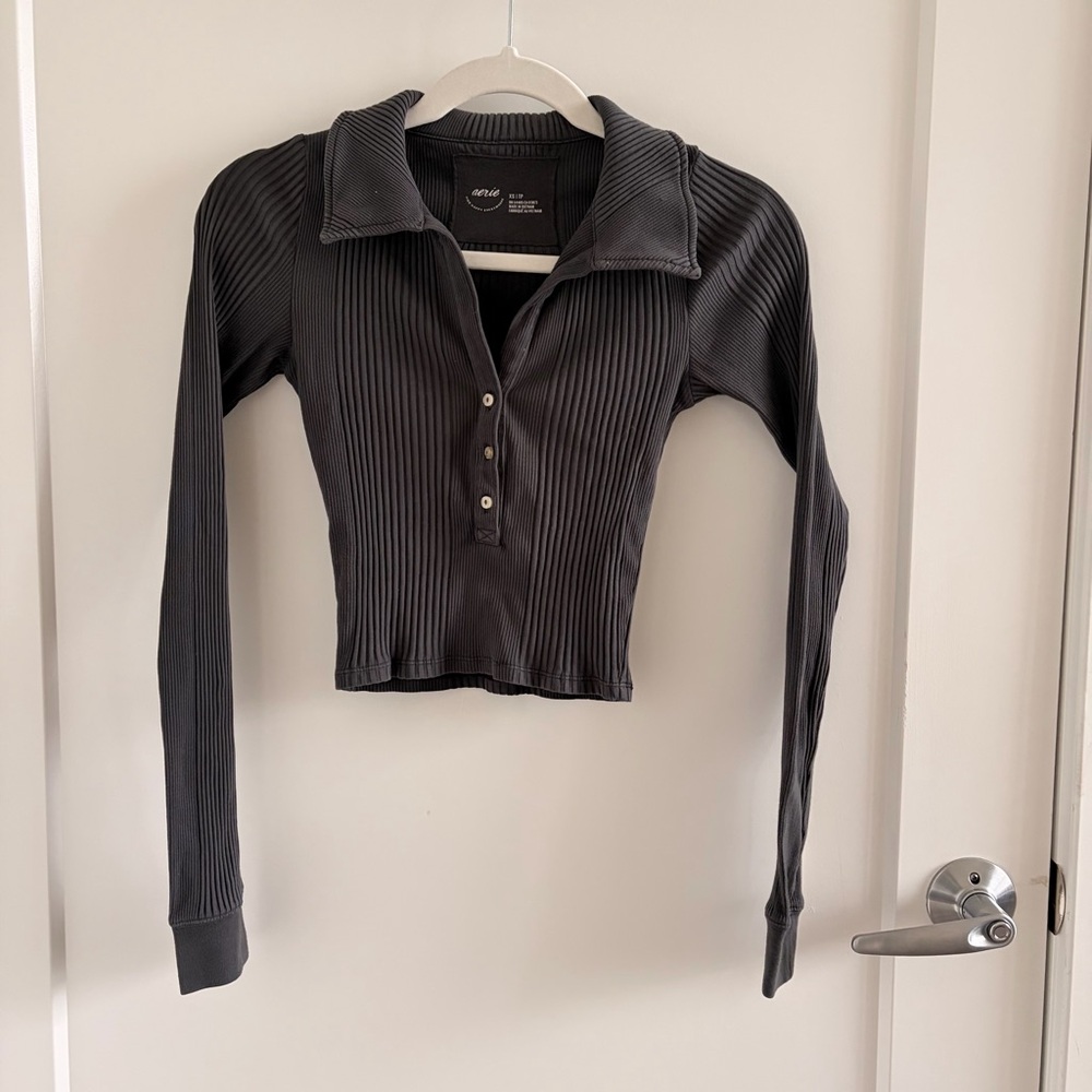 Women's Charcoal Henley Long Sleeve Top